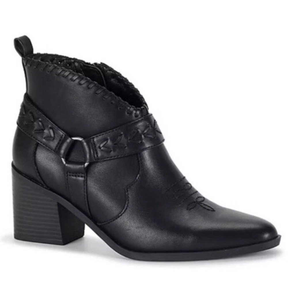Frye and Co Palma Black Western Harness Ankle Boots Block Heel Pointed Toe 8